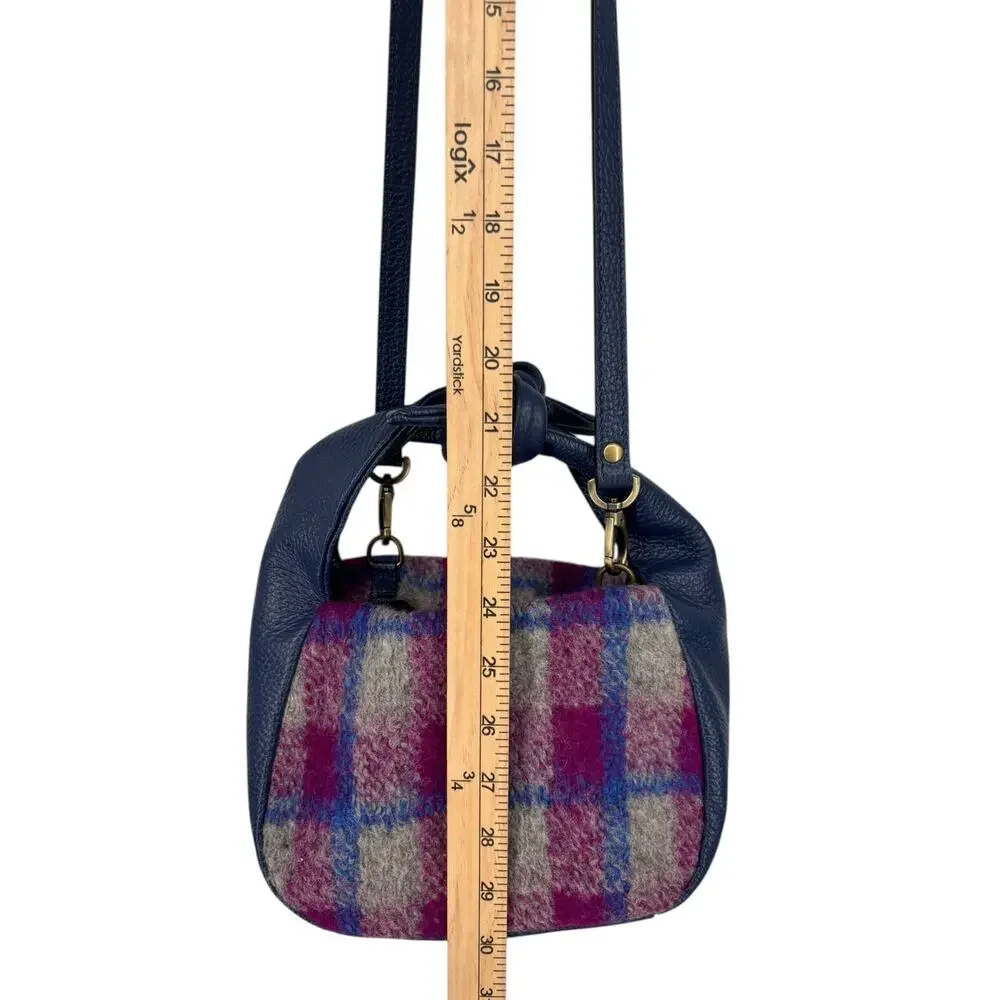Sundance Soire Knotted Bag Blue Leather Wool Magenta Plaid Crossbody